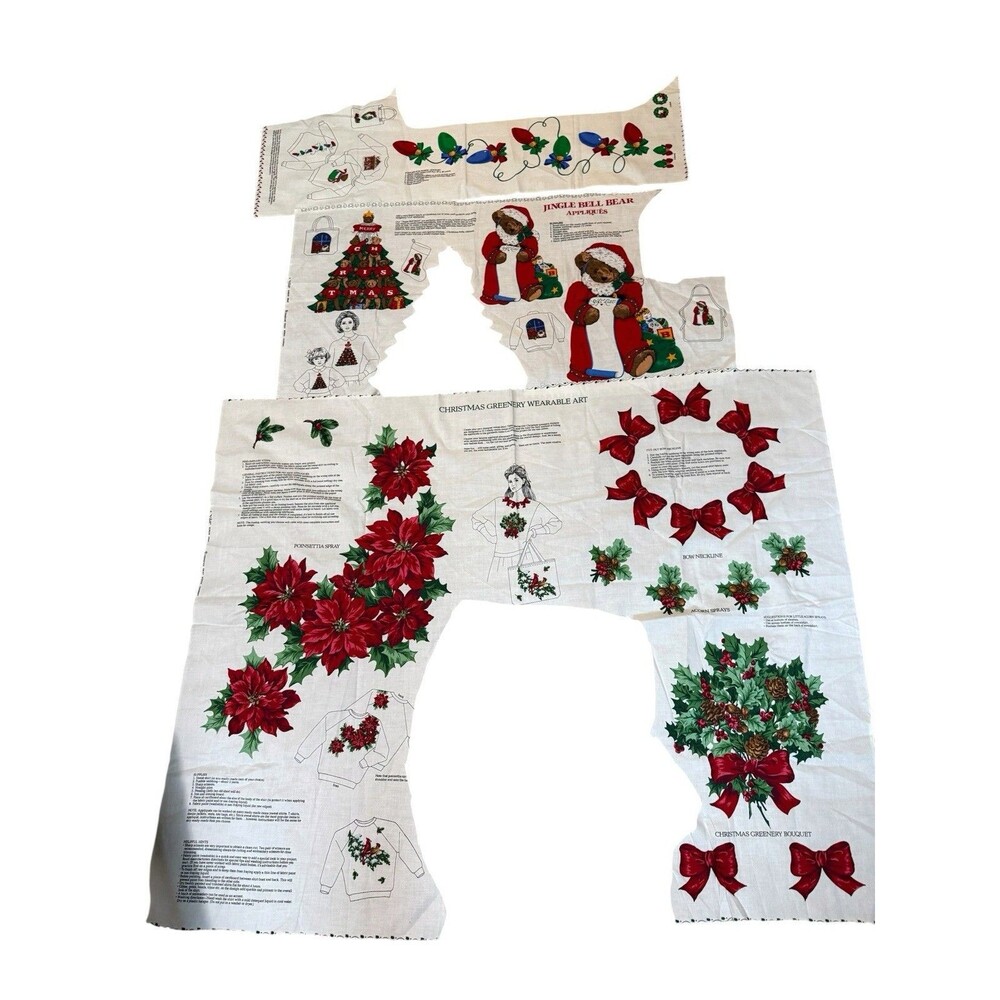 Vintage VIP Cranston Christmas Applique Fabric Remnants Bears Poinsettias